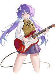 Rule 34 | 1girl, absurdres, ailu elf, brown vest, closed mouth, cropped legs, electric guitar, flower, guitar, hair flower, hair ornament, highres, holding, holding instrument, instrument, long hair, long sleeves, music, playing instrument, pleated skirt, purple eyes, purple hair, purple skirt, shirt, simple background, skirt, smile, solo, touhou, tsukumo benben, vest, white background, white flower, white shirt