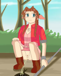 Rule 34 | 1girl, aerith gainsborough, armband, blue eyes, blush, boots, braid, breast pocket, breasts, brown footwear, brown hair, bush, cloud, dress, final fantasy, final fantasy vii, hand on own knee, holding, jacket, jewelry, long hair, looking to the side, necklace, panties, panty pull, peeing, pink dress, pink panties, pocket, pubic hair, puddle, pussy, red jacket, short sleeves, sky, small breasts, square enix, squatting, staff, tororo (toriaezu), tree, twin braids, uncensored, underwear, wrist cuffs