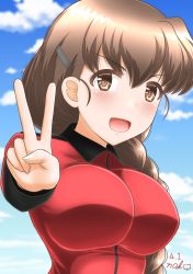 Rule 34 | 1girl, absurdres, blue sky, blush, braid, breasts, brown eyes, brown hair, cloud, girls und panzer, hair between eyes, highres, impossible clothes, impossible shirt, io-catalyst, jacket, large breasts, long hair, looking at viewer, military, military uniform, red jacket, rukuriri (girls und panzer), shirt, sky, smile, solo, st. gloriana&#039;s military uniform, uniform, upper body, v, v-shaped eyebrows