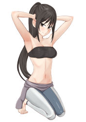 Rule 34 | amanchu!, arm behind head, armpits, arms up, bandeau, bare shoulders, barefoot, bikini, black bikini, black hair, bodysuit, breasts, brown eyes, cleavage, diving suit, dressing, easy (aqk7bdqt), full body, katori mato, kneeling, long hair, looking at viewer, navel, simple background, smile, solo, stomach, strapless, swimsuit, tube top, very long hair, wetsuit, white background