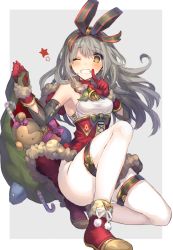 Rule 34 | 1girl, black gloves, blush, boots, breasts, brown eyes, christmas, finger to mouth, fur trim, gloves, grey background, grey hair, halterneck, high-waist skirt, index finger raised, kneeling, long hair, looking at viewer, on one knee, original, outside border, pantyhose, red footwear, red gloves, red skirt, sack, santa costume, shikino yuki, shushing, skirt, small breasts, smile, solo, star (symbol), tareme, teeth, thigh strap, thighs, white pantyhose