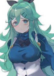 Rule 34 | 1girl, absurdres, black ribbon, blue ribbon, breasts, dress, dyson (edaokunnsaikouya), green eyes, green hair, hair between eyes, hair flaps, hair ornament, hair ribbon, hairclip, highres, kantai collection, long hair, looking at viewer, official alternate costume, ribbon, simple background, solo, upper body, white background, yamakaze (kancolle)