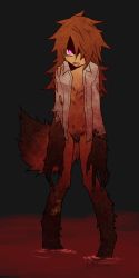 Rule 34 | 1girl, brown hair, claws, female focus, fur, glowing, glowing eyes, hair over one eye, highres, long hair, messy hair, monster girl, ootorii bisetsu, open clothes, open mouth, original, pink eyes, solo, standing, tail, torn clothes, werewolf