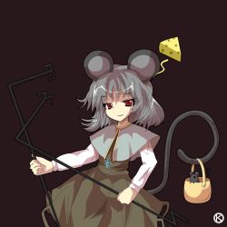 Rule 34 | 1girl, alphes (style), animal ears, basket, capelet, cheese, dowsing rod, dress, female focus, food, grey hair, holding, holding with tail, jewelry, kaoru (gensou yuugen-an), mouse (animal), mouse ears, mouse tail, nazrin, necklace, parody, pendant, prehensile tail, red eyes, simple background, solo, style parody, tail, touhou