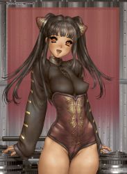 Rule 34 | 1girl, black hair, breasts, bun cover, chinese clothes, cone hair bun, corset, double bun, greaseberries, hair bun, highres, lips, long hair, looking at viewer, nenenn cranberry, open mouth, orange eyes, shirou masamune, smile, solo, twintails