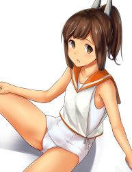 Rule 34 | 1girl, alternate costume, bare shoulders, blunt bangs, blush, brown eyes, brown hair, collarbone, hair ornament, hand on own knee, haregama shiina, highres, i-401 (kancolle), kantai collection, looking at viewer, looking up, one-piece swimsuit, open mouth, ponytail, sailor collar, school swimsuit, shadow, simple background, sitting, solo, swimsuit, white background, white one-piece swimsuit, white school swimsuit