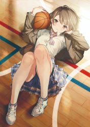 Rule 34 | 1girl, absurdres, almic, ankle socks, ball, basketball, basketball (object), basketball court, beige jacket, blush, breasts, brown eyes, brown hair, brown jacket, collared shirt, commentary request, cover image, floor, from above, full body, gym, gym shorts, highres, holding, holding ball, indoors, jacket, jinguuji rumi, knees up, koi wa futago de warikirenai, light brown hair, long sleeves, looking at viewer, lying, mole, mole under mouth, necktie, novel illustration, official art, on back, on floor, open clothes, open jacket, parted lips, plaid, plaid skirt, pleated skirt, school uniform, shirt, shirt tucked in, shoes, short hair, shorts, shorts under skirt, skirt, sneakers, socks, striped, striped necktie, swept bangs, textless version, uniform, upskirt, white footwear, white shirt, wooden floor
