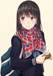 Rule 34 | 1girl, bag, black hair, commentary, cup, green eyes, hiwatari rin, long sleeves, looking to the side, neckerchief, original, parted lips, plaid, plaid scarf, scarf, school bag, school uniform, serafuku, simple background, solo, steam, tan background, teacup, upper body