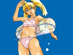Rule 34 | 1girl, bare arms, bikini, blonde hair, blue background, blue eyes, bra, breasts, collarbone, facial mark, facing viewer, genderswap, genderswap (mtf), hair tie, hand up, happy, long hair, looking at viewer, lowres, naruko (naruto), naruto, naruto (series), navel, open mouth, panties, pink bikini, simple background, small breasts, smile, solo, standing, striped bikini, striped clothes, swimsuit, tongue, twintails, underwear, uzumaki naruto, waving, whisker markings, whiskers
