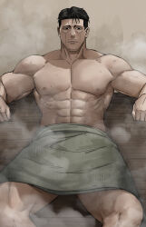 Rule 34 | 1boy, abs, bara, black hair, facial hair, feet out of frame, goatee stubble, golden kamuy, highres, hinna daje, kikuta mokutaro, male focus, mature male, muscular, muscular male, navel, nipples, pectorals, sauna, scar, scar on face, scar on forehead, short hair, sideburns, sitting, solo, steam, stomach, strongman waist, stubble, sweat, thick eyebrows, topless male, towel, tsurime