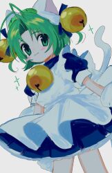 Rule 34 | animal hands, animal hat, antenna hair, apron, arms at sides, bell, blue dress, blue ribbon, blush stickers, cat hat, cat tail, closed mouth, dejiko, di gi charat, dress, dutch angle, feet out of frame, frilled dress, frills, gloves, green eyes, green hair, hair bell, hair ornament, hair ribbon, hat, highres, jingle bell, looking at viewer, maid apron, mittens, parted bangs, paw gloves, pepeppepe101, puffy short sleeves, puffy sleeves, ribbon, short hair, short sleeves, sideways glance, simple background, smile, sparkle, tail, white background, white mittens