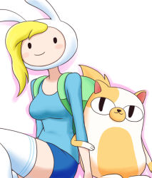 Rule 34 | 1girl, adventure time, animal ears, backpack, bag, blonde hair, blush stickers, breasts, rabbit ears, cake (adventure time), cat, fake animal ears, fionna campbell, goriate, hat, medium breasts, short shorts, shorts, smile, thighhighs, zettai ryouiki