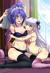 Rule 34 | 10s, 2girls, absurdres, blue hair, blue panties, blush, bra, breasts, cleavage, demon girl, double bun, fang, feet, grin, hair ornament, highres, hug, lingerie, long hair, mars symbol, midriff, multiple girls, naruse maria, navel, no shoes, nonaka kurumi, nyantype, official art, on bed, open bra, open mouth, panties, pink panties, ponytail, purple eyes, purple hair, shinmai maou no testament, silver hair, sitting, skindentation, small breasts, smile, demon girl, tears, thighhighs, two side up, underwear, underwear only, undressing, wavy mouth, yellow eyes, yuri
