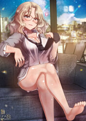 Rule 34 | 1girl, barefoot, blonde hair, blush, breasts, cleavage, couch, crossed arms, feet, foot out of frame, girls und panzer, glasses, highres, indoors, kay (girls und panzer), large breasts, long hair, looking at viewer, megadeko, navel, necktie, open mouth, saunders school uniform, school uniform, sitting, smile, soles, solo, toes, window