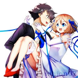 Rule 34 | 1boy, 1girl, :d, ash ketchum, ashujou, black hair, black jacket, blue bow, blue eyes, blue neckwear, bow, brown eyes, brown hair, carrying, collared shirt, creatures (company), dress, dress shirt, elbow gloves, eye contact, formal, game freak, gloves, hair between eyes, hair bow, high heels, husband and wife, jacket, layered dress, long sleeves, looking at another, necktie, nintendo, open clothes, open jacket, open mouth, pokemon, pokemon (anime), pokemon xy (anime), princess carry, pumps, red footwear, serena (pokemon), shirt, short hair, simple background, sleeveless, sleeveless dress, smile, wedding dress, white background, white dress, white gloves, white shirt, wing collar
