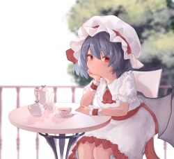 Rule 34 | 1girl, absurdres, cup, day, dress, feet out of frame, grey hair, highres, looking at viewer, outdoors, overexposure, r utchi, red eyes, remilia scarlet, sitting, smile, solo, table, teacup, teapot, touhou, white dress