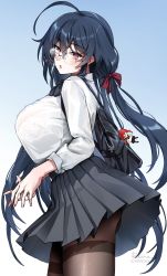 Rule 34 | 1girl, ahoge, azur lane, bag, black hair, blue background, bra visible through clothes, breasts, charm (object), collared shirt, commentary, crossed bangs, dress shirt, foxyreine, from side, glasses, gradient background, hair ribbon, highres, honolulu (azur lane), honolulu (umbrella girl) (azur lane), interlocked fingers, long hair, looking at viewer, low twintails, miniskirt, official alternate costume, pantyhose, parted lips, patreon logo, patreon username, pleated skirt, red ribbon, ribbon, school bag, see-through, shirt, skirt, solo, taihou (azur lane), taihou (sweet time after school) (azur lane), thighband pantyhose, twintails, very long hair, watermark, web address, white background, white shirt, wind, wind lift