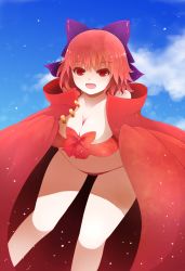 Rule 34 | 1girl, arano oki, bare shoulders, bikini, blue sky, blush, bow, breasts, cape, cleavage, cloud, day, hair bow, highres, large breasts, open mouth, plump, red eyes, red hair, sekibanki, short hair, sky, smile, solo, swimsuit, touhou