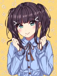 Rule 34 | 1girl, absurdres, aqua eyes, black hair, blue shirt, blunt bangs, blush, happy, highres, holding, holding own hair, kaya (yoshina9), kurosawa dia, long hair, looking at viewer, love live!, love live! sunshine!!, mole, mole under mouth, necktie, shirt, smile, solo, twintails, twintails day