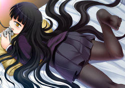 Rule 34 | 1girl, ass, bed, black hair, controller, feet, female protagonist (houkago play), game controller, gamepad, houkago play, kouki kuu, long hair, lowres, lying, pantyhose, playing games, solo, very long hair, video game, yellow eyes