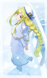 Rule 34 | 00s, 1girl, alicia florence, aria (manga), arms behind back, blonde hair, blue eyes, braid, braided ponytail, commentary request, dress, from behind, hat, long hair, looking back, mofu (mof swimradio), single braid, smile, snow, solo, uniform