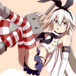 Rule 34 | 10s, 1girl, bad id, bad pixiv id, black panties, blonde hair, elbow gloves, gloves, hairband, kantai collection, kuromayu, long hair, panties, personification, rensouhou-chan, shimakaze (kancolle), striped clothes, striped thighhighs, thighhighs, underwear, white gloves
