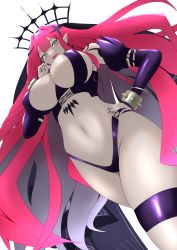 Rule 34 | 1girl, arm strap, baobhan sith (fate), black gloves, black nails, black panties, bracelet, breasts, cleavage, covered erect nipples, crown, curvy, elbow gloves, fang, fate/grand order, fate (series), finger to mouth, fingerless gloves, from below, gloves, grey eyes, groin, hand on own hip, highleg, highleg panties, highres, huge breasts, jewelry, koneruhaiko, long hair, looking at viewer, low angle, nail polish, navel, pale skin, panties, parted lips, pink hair, pointy ears, red hair, revealing clothes, sideboob, sidelocks, slit pupils, stomach, thick thighs, thigh strap, thighlet, thighs, underboob, underwear, veil, very long hair, wide hips