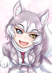 Rule 34 | 1girl, :d, animal ear fluff, animal ears, bad id, bad pixiv id, belt, blue eyes, blush, commentary request, dog (mixed breed) (kemono friends), dog ears, dog tail, fang, gloves, grey hair, grey jacket, heterochromia, highres, jacket, kemono friends, looking at viewer, multicolored hair, open mouth, pantyhose, paw pose, short hair, skin fang, skirt, smile, solo, tail, takkutin omega, two-tone hair, white gloves, white hair, yellow eyes