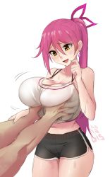 Rule 34 | 1boy, 1girl, bad id, bad twitter id, blush, breasts, earrings, grabbing, grabbing another&#039;s breast, hair ornament, hetero, high ponytail, highres, jewelry, large breasts, lk (lk00), long hair, navel, new (lk), open mouth, original, pink hair, short shorts, shorts, simple background, sketch, smile, solo focus, tank top, white background, yellow eyes