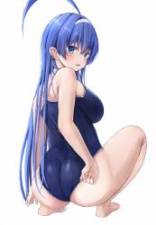 Rule 34 | 1girl, :o, ahoge, arm at side, ass, bare arms, bare legs, barefoot, blue eyes, blue hair, blush, breasts, competition school swimsuit, competition swimsuit, from behind, full body, hair between eyes, hairband, hand under clothes, highres, huge ahoge, impossible clothes, large breasts, legs, long hair, looking at viewer, looking back, one-piece swimsuit, open mouth, orie ballardiae harada, school swimsuit, simple background, solo, squatting, straight hair, strap gap, swimsuit, tabii, teeth, twisted torso, under night in-birth, upper teeth only, wedgie, wet, white background, white hairband