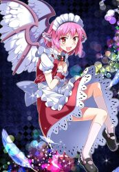 Rule 34 | 1girl, animal ears, blurry, bokeh, bow, depth of field, dress, e.o., feathers, hands on own chest, hat, jpeg artifacts, light particles, maid, maid headdress, mystia lorelei, open mouth, pink hair, red eyes, short hair, smile, solo, touhou, wings, wrist cuffs
