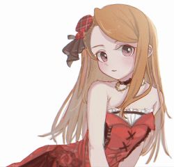 Rule 34 | 1girl, alternate hairstyle, bare shoulders, blush, brown hair, commentary request, dress, highres, idolmaster, idolmaster million live!, jewelry, long hair, looking at viewer, minase iori, necklace, parted lips, pearl necklace, portrait, pppp9199, red dress, shadow, simple background, solo, strapless, strapless dress, white background