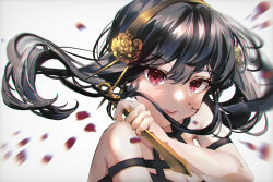 Rule 34 | 1girl, bare arms, black hair, blood, blood on face, blood splatter, floating hair, hair between eyes, hairband, highres, holding, holding weapon, motion blur, pinapo 25, portrait, red eyes, short hair with long locks, sidelocks, solo, spy x family, weapon, yellow hairband, yor briar