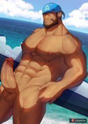 Rule 34 | 1boy, abs, archie (pokemon), bandana, bara, beard, blue headwear, brown hair, completely nude, creatures (company), dark-skinned male, dark skin, erection, facial hair, game freak, highres, large pectorals, looking at viewer, male focus, masa yawara (yellow), muscular, muscular male, navel, navel hair, nintendo, nipples, nude, pectorals, penis, pokemon, pokemon oras, short hair, solo, testicles, thick thighs, thighs, uncensored, veins, veiny penis