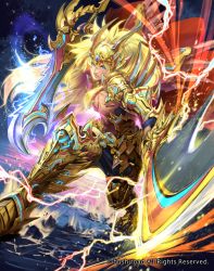 Rule 34 | 1boy, absolution lion king mithril ezel, armor, armored boots, blonde hair, blue eyes, boots, cape, cardfight!! vanguard, company name, electricity, full body, hmk84, long hair, male focus, official art, rock, topless male, solo, sparkle, sword, weapon