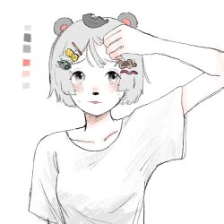 Rule 34 | 1girl, :3, adjusting hair, alternate costume, animal ears, animal nose, blush, breasts, character hair ornament, closed mouth, collarbone, color guide, commentary request, furrowed brow, grey eyes, grey hair, hair ornament, hairclip, hand up, highres, hot, leaf, leaf hair ornament, leaf on head, medium breasts, mizu&#039;24, mode aim, parted bangs, peanuts-kun, ponpoko (vtuber), raccoon ears, raccoon girl, raccoon hair ornament, raised eyebrows, shirt, short hair, short sleeves, simple background, solo, sweat, tongue, tongue out, upper body, virtual youtuber, white background, white shirt