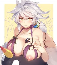 Rule 34 | 10s, 1girl, bestiality, between breasts, blush, bra, braid, breast suppress, breasts, choker, collarbone, covered erect nipples, cupless bra, failure penguin, garter straps, hair ornament, interspecies, kantai collection, large breasts, long hair, looking at viewer, nipples, pokoten (pokoten718), purple bra, saliva, silver hair, single braid, solo, thighhighs, underwear, unryuu (kancolle), very long hair, white thighhighs, yellow eyes