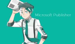 Rule 34 | 1boy, aqua eyes, cabbie hat, cioccolatodorima, closed mouth, copyright name, green hair, green pants, hat, looking at viewer, male focus, microsoft office, microsoft publisher, multicolored hair, pants, personification, solo, suspenders, two-tone hair, upper body, white hair