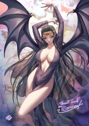 Rule 34 | 1girl, arms up, black cape, black dress, black gloves, breasts, cape, collarbone, commission, demon girl, demon wings, dragon force, dress, fujii eishun, gloves, gold headband, half-closed eyes, highres, large breasts, long hair, looking down, navel, open hand, pelvic curtain, plunging neckline, pointy ears, red eyes, signature, skeb commission, solo, uryll, very long hair, wings
