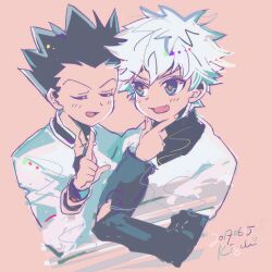 Rule 34 | 2boys, black hair, child, closed eyes, commentary request, gon freecss, hand on another&#039;s shoulder, hands on own face, hunter x hunter, kiguchi (aprico), killua zoldyck, long sleeves, male focus, multiple boys, open mouth, pink hair, short hair, sketch, spiked hair