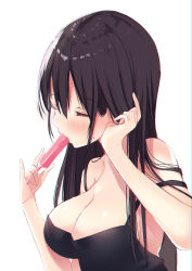 Rule 34 | 1girl, bare arms, bare shoulders, black dress, black hair, blush, breasts, cleavage, closed eyes, commentary request, dress, eating, food, tucking hair, hand up, highres, holding, holding food, ko yu, long hair, medium breasts, original, popsicle, simple background, sleeveless, sleeveless dress, solo, strap slip, upper body, white background
