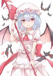 Rule 34 | 1girl, absurdres, arm up, ascot, bat (animal), bat wings, blue hair, blurry, blurry background, blurry foreground, blush, brooch, commentary, cowboy shot, fang, hair between eyes, hat, hat ribbon, highres, holding, holding polearm, holding spear, holding weapon, iyo (ya na kanji), jewelry, layered shirt, light blush, looking at viewer, mob cap, open mouth, petals, pink hat, pink shirt, pink skirt, polearm, puffy short sleeves, puffy sleeves, red ascot, red eyes, remilia scarlet, ribbon, shirt, short hair, short sleeves, simple background, skin fang, skirt, slit pupils, solo, spear, spear the gungnir, standing, touhou, weapon, white background, wings, wrist cuffs