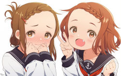 Rule 34 | 2girls, :o, alternate hairstyle, anchor symbol, black sailor collar, blush, braid, brown eyes, brown hair, clenched hand, closed mouth, commentary request, fang, folded ponytail, forehead, hair ornament, hairclip, highres, ikazuchi (kancolle), inazuma (kancolle), kantai collection, laco soregashi, long sleeves, looking at viewer, multiple boys, multiple girls, neckerchief, nose blush, open mouth, ponytail, red neckerchief, sailor collar, school uniform, serafuku, short hair, simple background, twitter username, v, white background
