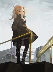 Rule 34 | 1girl, 8873206812, absurdres, arknights, black footwear, black jacket, black thighhighs, blonde hair, blue dress, blue sky, breasts, brown eyes, closed mouth, cloud, cloudy sky, dated, day, dress, garter straps, highres, jacket, looking at viewer, medium breasts, open clothes, open jacket, outdoors, parted bangs, pinecone (arknights), ponytail, railing, shirt, shoes, signature, sky, solo, standing, thighhighs, white shirt