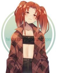 Rule 34 | 1girl, bandeau, black bandeau, black pants, borrowed character, breasts, brown eyes, brown hair, brown jacket, cleavage, collarbone, commission, head tilt, highres, jacket, long hair, navel, numbers (pigpenandpaper), open clothes, open jacket, original, pants, parted bangs, plaid, plaid jacket, small breasts, solo, strapless, twintails, unmoving pattern, watermark, web address, whiskers