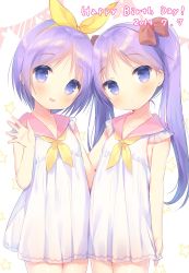 Rule 34 | 2girls, bare arms, bare shoulders, blush, bow, closed mouth, commentary request, cowboy shot, dated, dress, hair bow, hair ribbon, hand up, happy birthday, head tilt, highres, hiiragi kagami, hiiragi tsukasa, long hair, looking at viewer, lucky star, multiple girls, neckerchief, parted lips, pennant, pink sailor collar, purple eyes, purple hair, red bow, ribbon, sailor collar, sailor dress, siblings, sisters, sleeveless, sleeveless dress, smile, star (symbol), string of flags, twins, twintails, usashiro mani, white background, white dress, yellow neckerchief, yellow ribbon