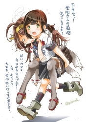 Rule 34 | 10s, 2girls, ahoge, bare shoulders, black legwear, boots, brown hair, carrying, drooling, fubuki (kancolle), green eyes, hairband, kantai collection, kongou (kancolle), long hair, looking at viewer, multiple girls, nontraditional miko, open mouth, piggyback, ponytail, school uniform, serafuku, simple background, skirt, sogabe toshinori, thigh boots, thighhighs, torn clothes, translation request