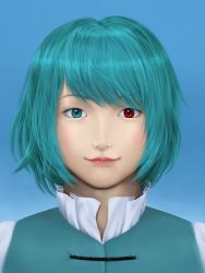 Rule 34 | 1girl, asian, blouse, blue background, blue eyes, blue hair, blue vest, blush, closed mouth, commentary request, heterochromia, highres, lips, looking at viewer, parasite oyatsu, portrait, realistic, red eyes, shirt, short hair, simple background, smile, solo, tatara kogasa, touhou, upper body, vest, white shirt