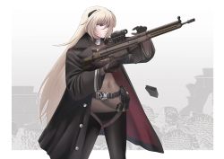Rule 34 | 1girl, absurdres, alternate costume, ammunition belt, assault rifle, battle rifle, belt, black belt, black coat, black pants, blonde hair, bodystocking, breasts, closed mouth, coat, commission, covered navel, feet out of frame, g3 (girls&#039; frontline), girls&#039; frontline, gun, h&amp;k g3, hair ornament, hairclip, harness, highres, holding, holding gun, holding weapon, lips, long hair, looking at viewer, magazine (weapon), military coat, open clothes, open coat, pants, pixiv commission, purple eyes, redaiba, rifle, simple background, solo, standing, weapon, wide sleeves