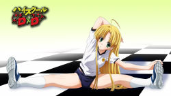 Rule 34 | 10s, 1girl, ahoge, arm behind head, arm up, asia argento, blonde hair, blush, body blush, buruma, checkered floor, copyright name, exercise, eyecatch, female focus, floor, full body, gradient background, green eyes, gym uniform, hands on feet, head tilt, high school dxd, highres, legs, long hair, long image, looking at viewer, on floor, parted lips, screencap, shiny skin, shoes, sitting, socks, solo, split, spread legs, stretching, uniform, wallpaper, white socks, wide image